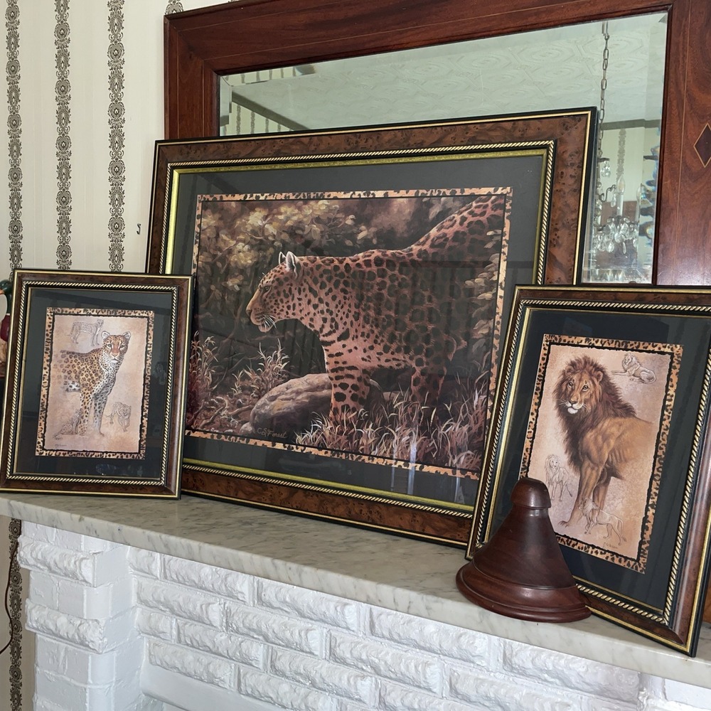 RARE 3 PC Home Interiors Framed Signed Art Prints "A Striking Pose" Jaguar Lion